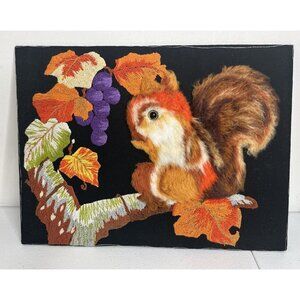 Vtg Handmade Crewel Embroidered Fall Squirrel Leaves Picture Unframed‎ Vibrant